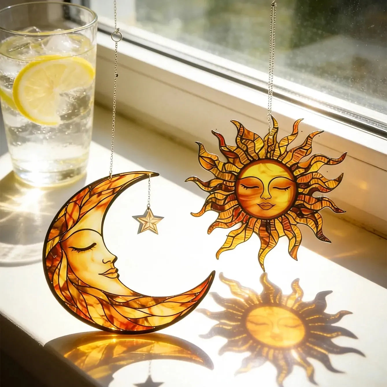 Sun face acrylic suncatcher stained glass style – boho witchy window hanging for sacred spaces