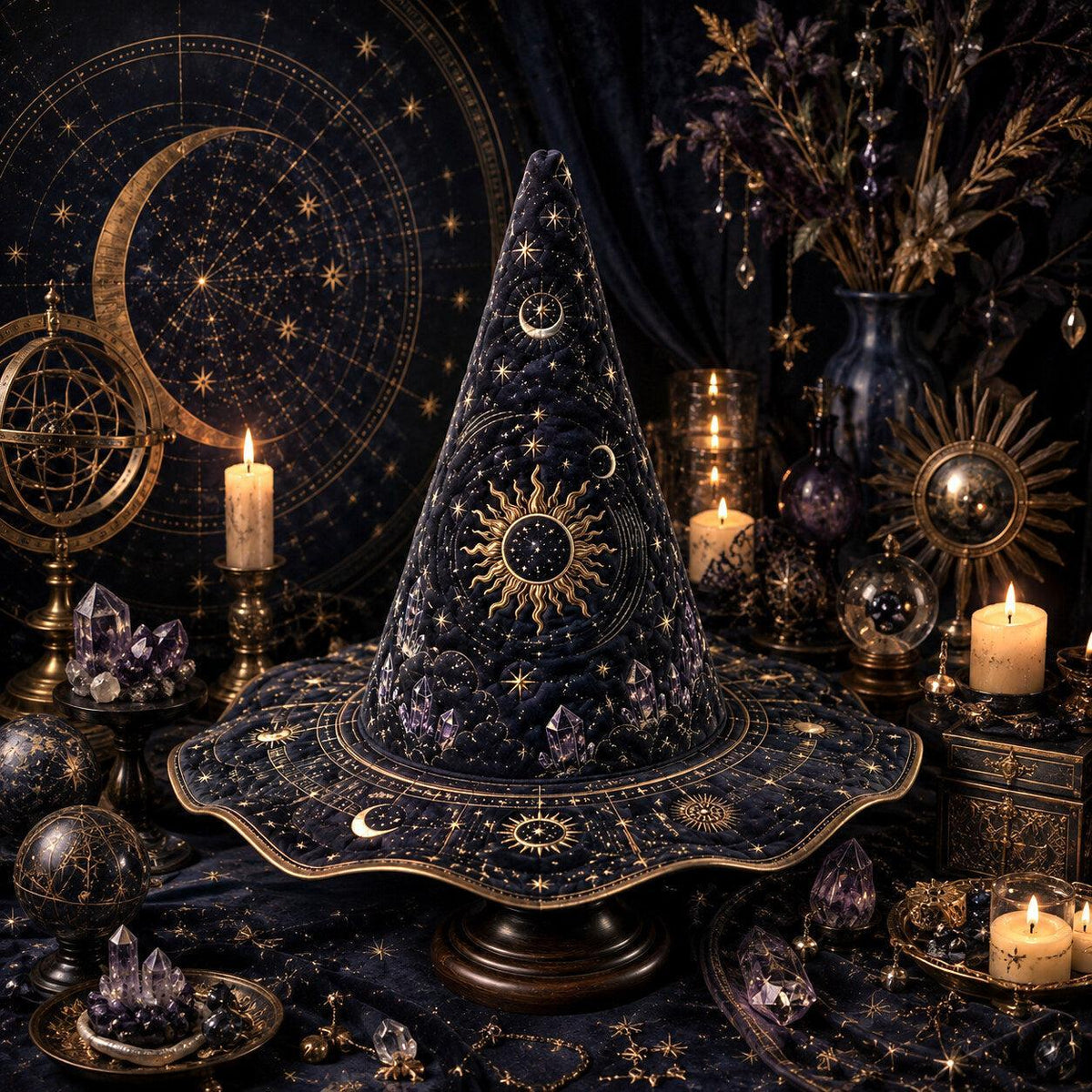 Celestial Sun Witch Hat – Astrolabe Star Chart Moon Phase Hat – held in both hands