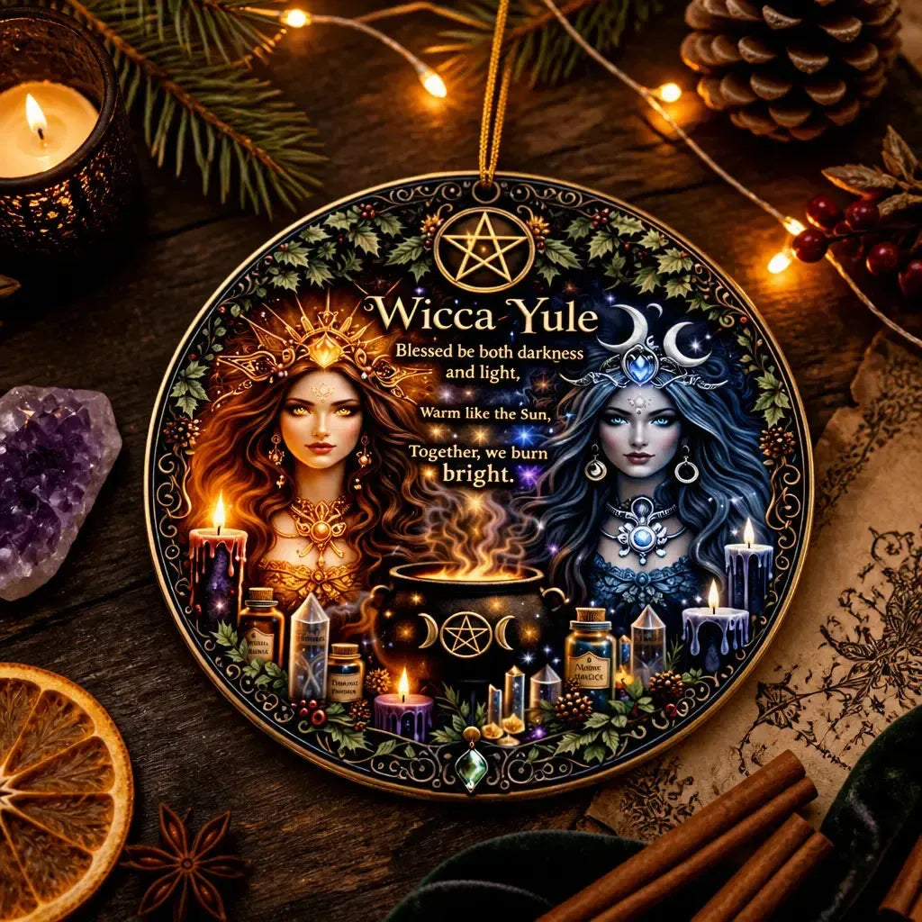 Celestial Sun and Moon Goddess Christmas Ceramic Ornament – Wicca Pagan Yule Ornament_mockup_3.webp