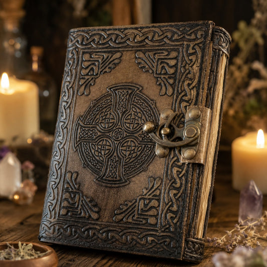 Celtic Cross Leather Journal – Vintage Handmade Book of Shadows Pagan Grimoire – leather journal, back cover view