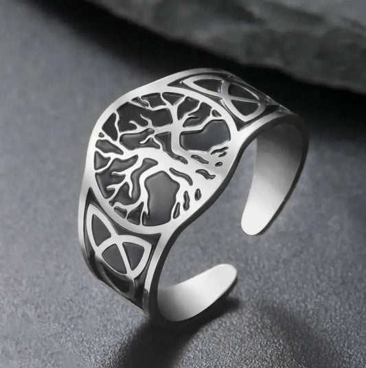 Celtic tree of life ring silver version – Nordic Norse Pagan amulet resizable stainless steel ring