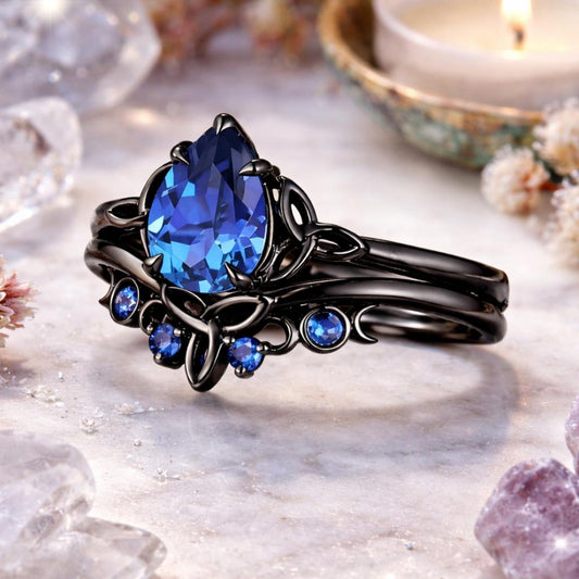 Celtic Knot & Triple Moon Wiccan Ring – 925 Sterling Silver Black Plated Pear Blue Cubic Zirconia Pagan Jewelry-MoonChildWorld