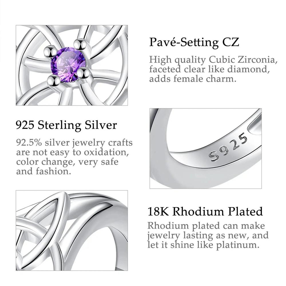 Sterling silver Celtic Knot Witchcraft Ring with a sparkling purple CZ, 18K rhodium plated for lasting shine.