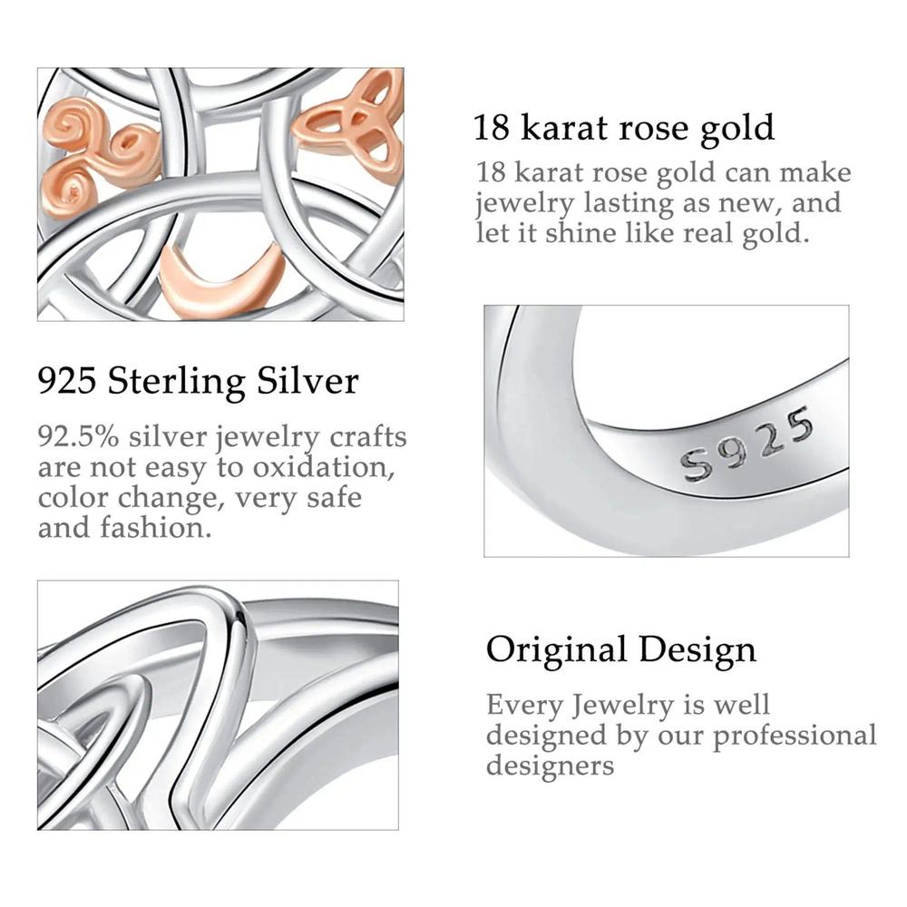 Close-up of a sterling silver Celtic Knot ring with rose gold accents, highlighting its 925 stamp and original design.