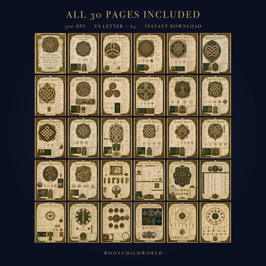 Thirty pages of Celtic knot illustrations on aged vellum with gold and green ink, featuring symbols, meanings, and knotwork guides.