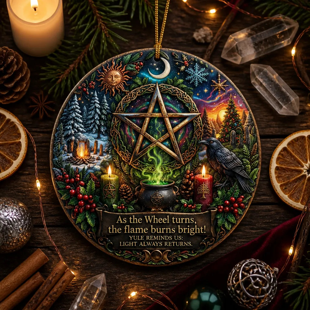 Celtic Pentacle Yule Ceramic Ornament with Raven – Wicca and Pagan Christmas Ornament_mockup_3.webp