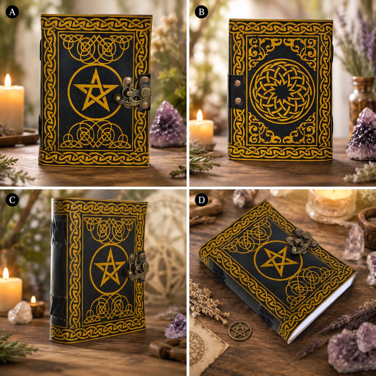 Celtic Pentagram Leather Journal – Handmade Book of Shadows Wiccan Grimoire – leather journal, close-up cover detail