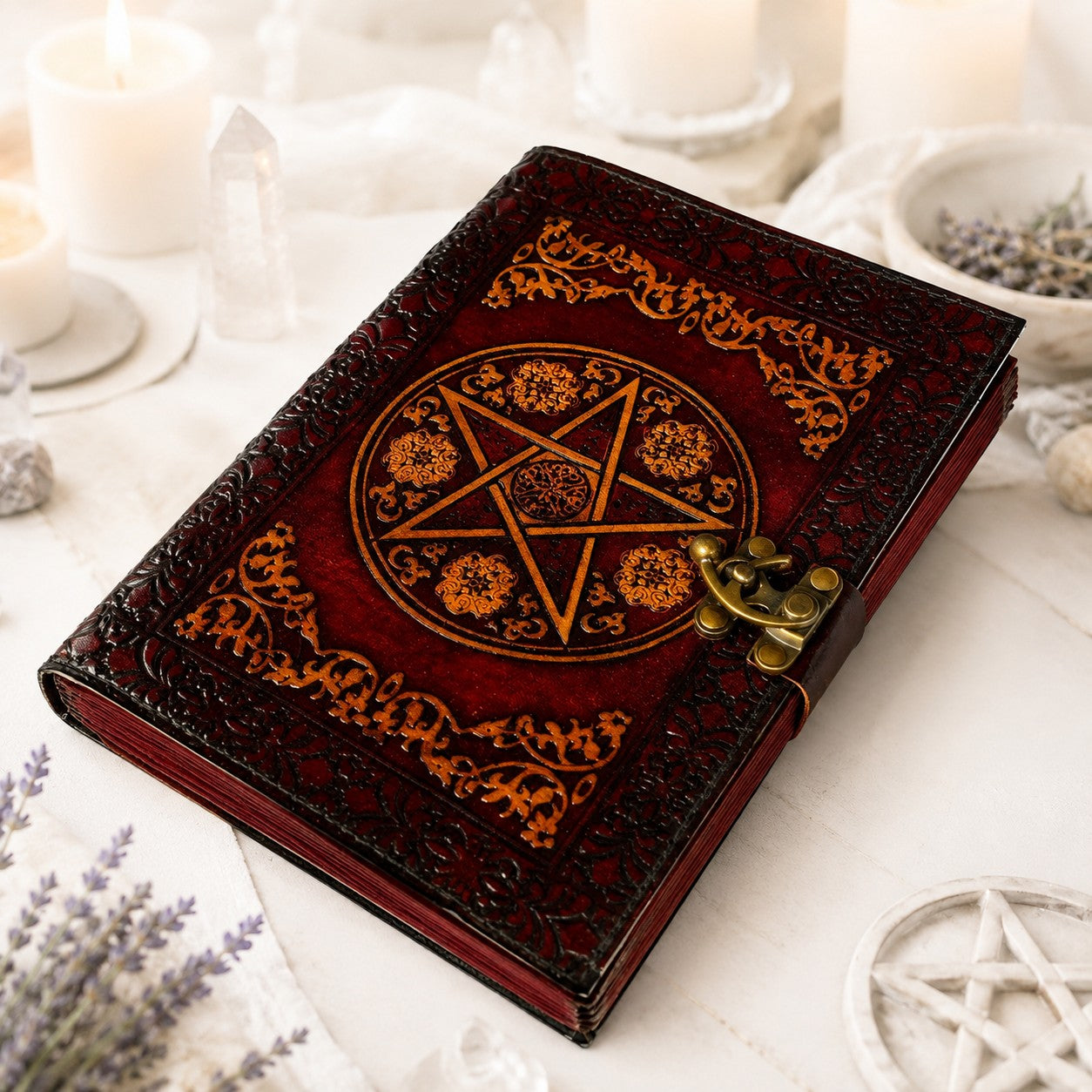 Celtic Pentagram Leather Journal – Vintage Handmade Wiccan Grimoire Deckle Pages – leather journal, size and scale view