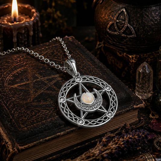 Celtic Pentagram Moon Celtic Knot Witchcraft Necklace with Opal Stone Wiccan Jewelry-MoonChildWorld