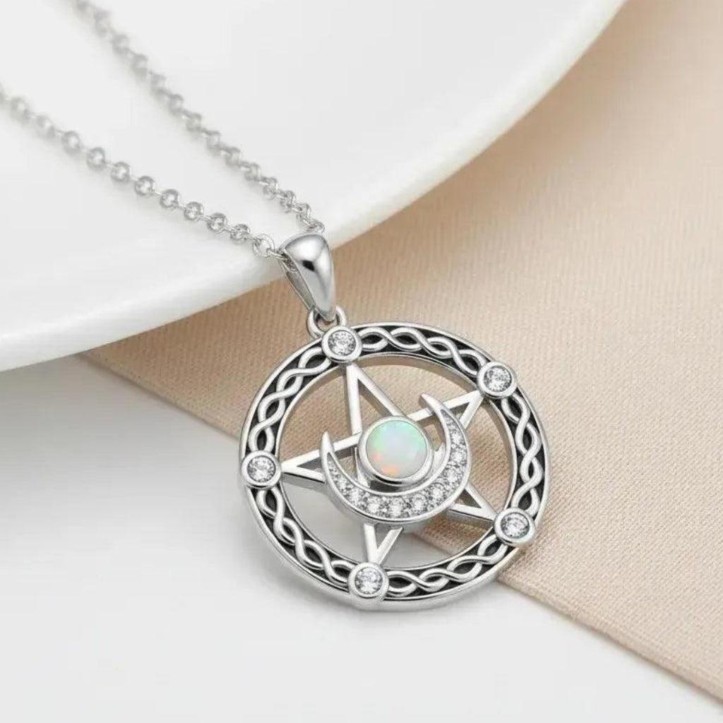 Celtic Pentagram Moon Celtic Knot Witchcraft Necklace with Opal Stone Wiccan Jewelry-MoonChildWorld