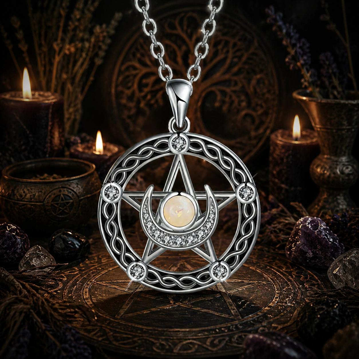 Celtic Pentagram Moon Celtic Knot Witchcraft Necklace with Opal Celtic Pentagram Moon Celtic Knot Witchcraft Necklace with Opal