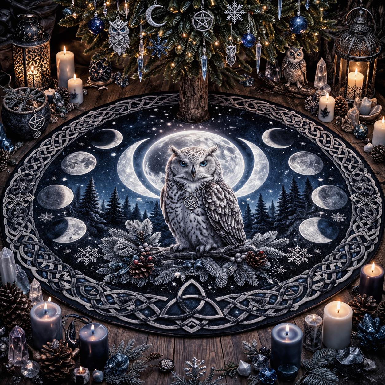 Dark gothic velvet tree skirt with a white snow owl, moon phases, and Celtic knot border.