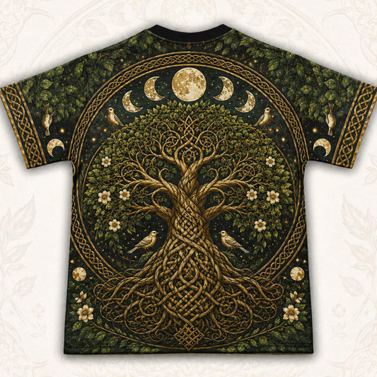 Celtic Tree Of Life T-Shirt Gold Knotwork Moon Phases Pagan Tee back view