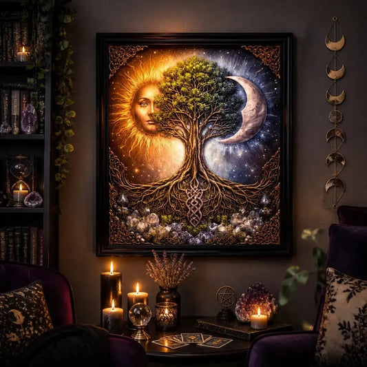Celtic Tree of Life Canvas Print with Sun&Moon - Black Framed Pagan Art for Wiccan Home Decor_mockup_1.webp