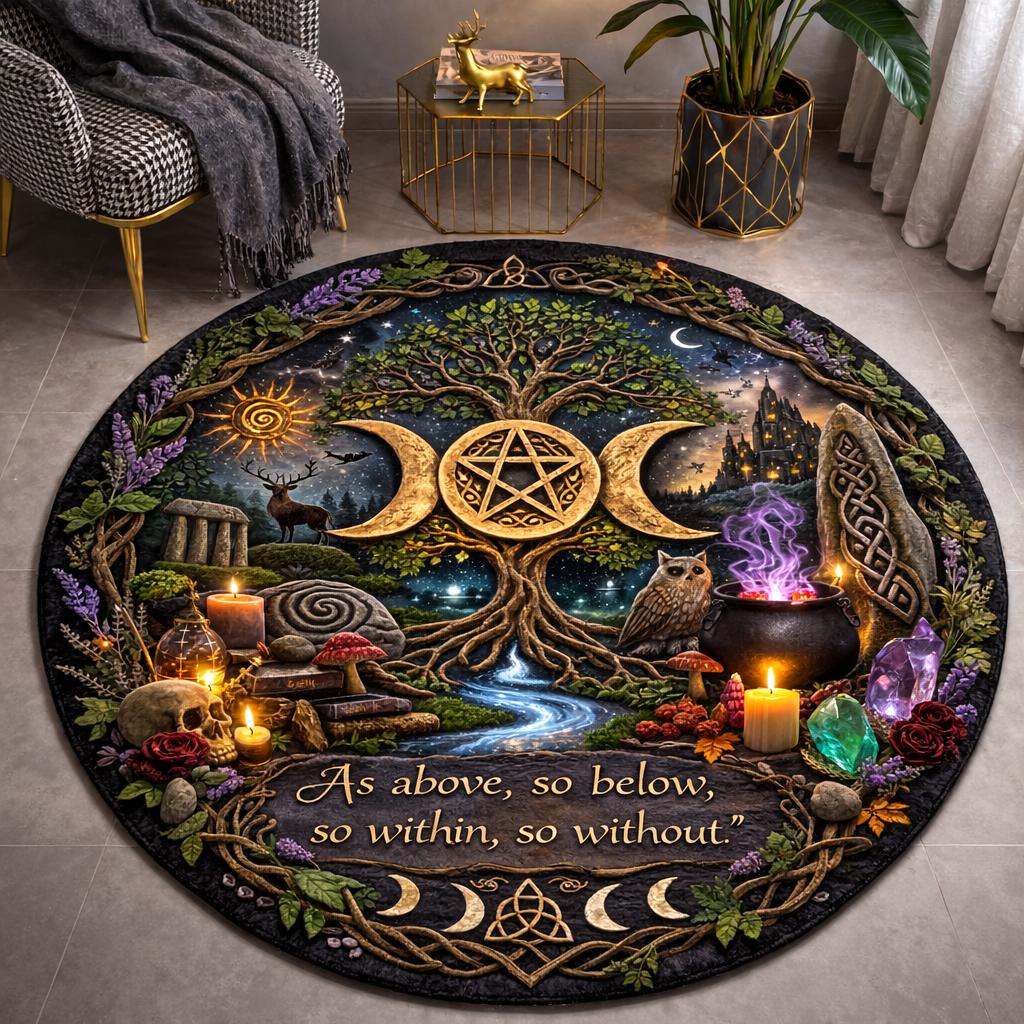 Celtic Tree of Life Pagan Round Rug Wicca Triple Moon Carpet Witchy Home Decor-MoonChildWorld