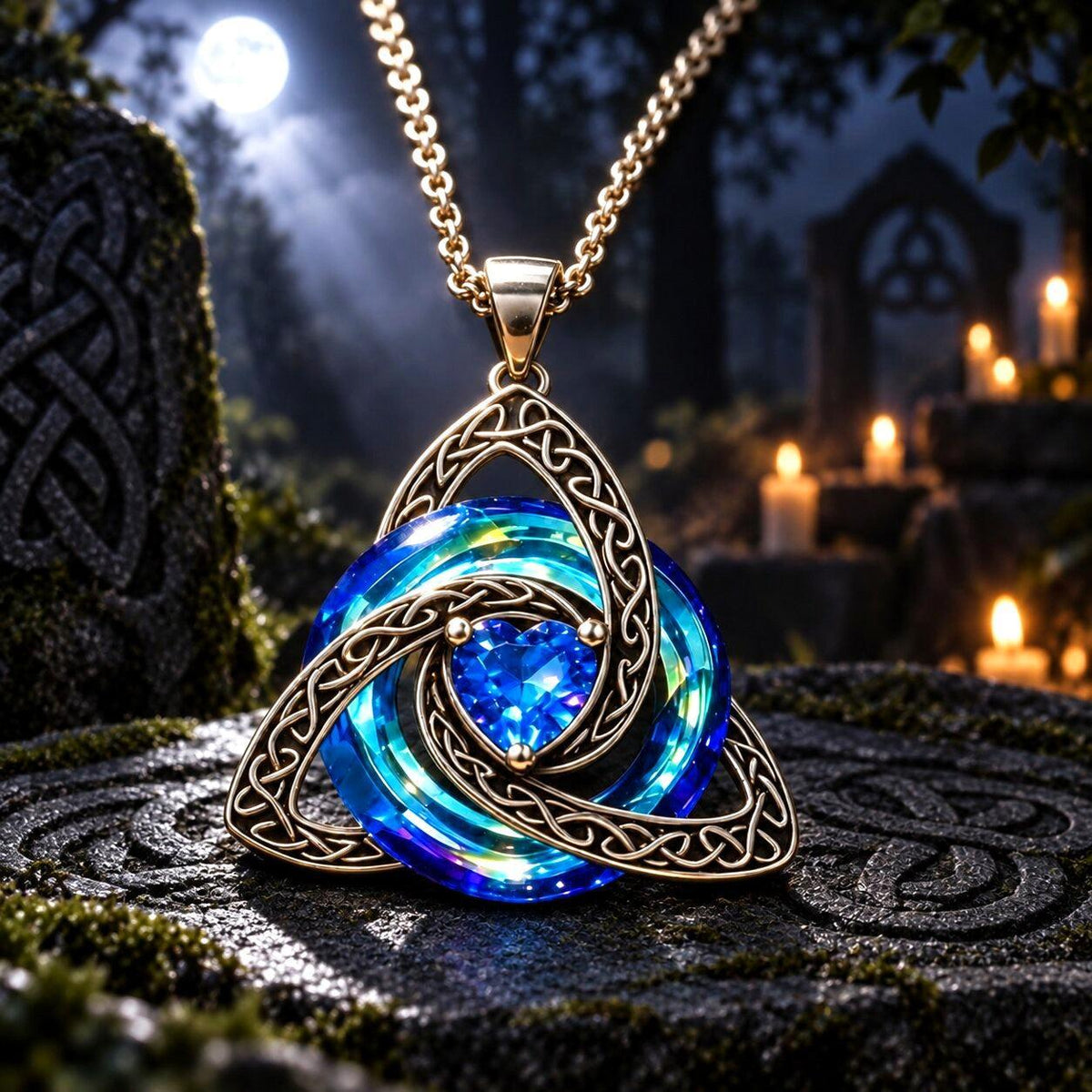A gold Celtic knot triquetra pendant necklace with a vibrant blue and iridescent center, displayed on a mossy stone in a mystical outdoor setting with candles and a full moon.