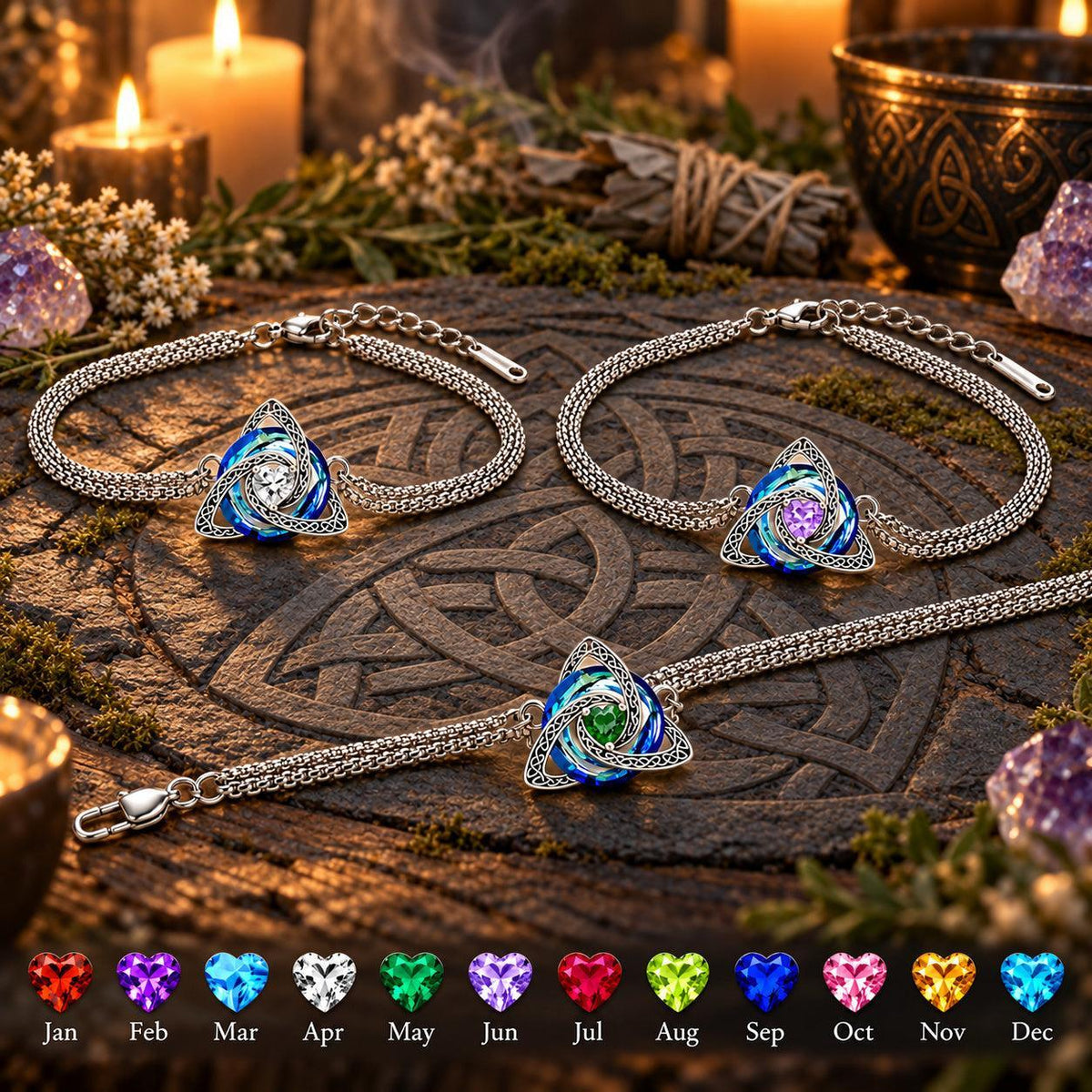 Celtic Triquetra Birthstone Bracelet — April · May · June, dark Celtic ritual scene with birthstone color chart