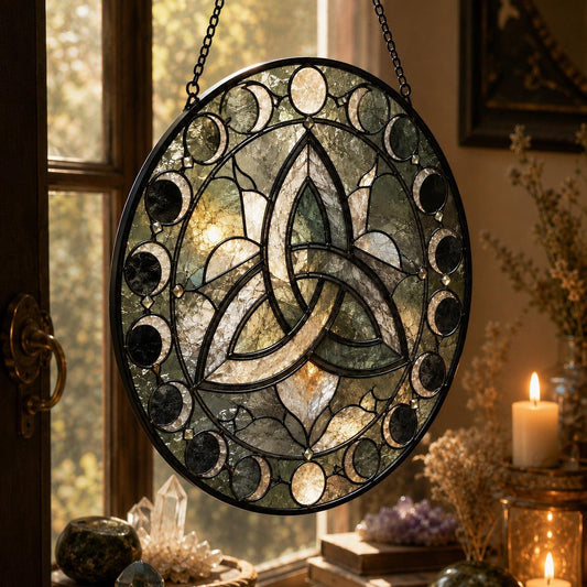 Celtic Triquetra Knot Glass Suncatcher - hanging view