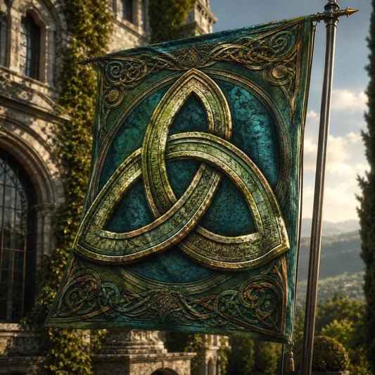 Celtic Triquetra Knot house flag displayed outdoors on a garden flag stand