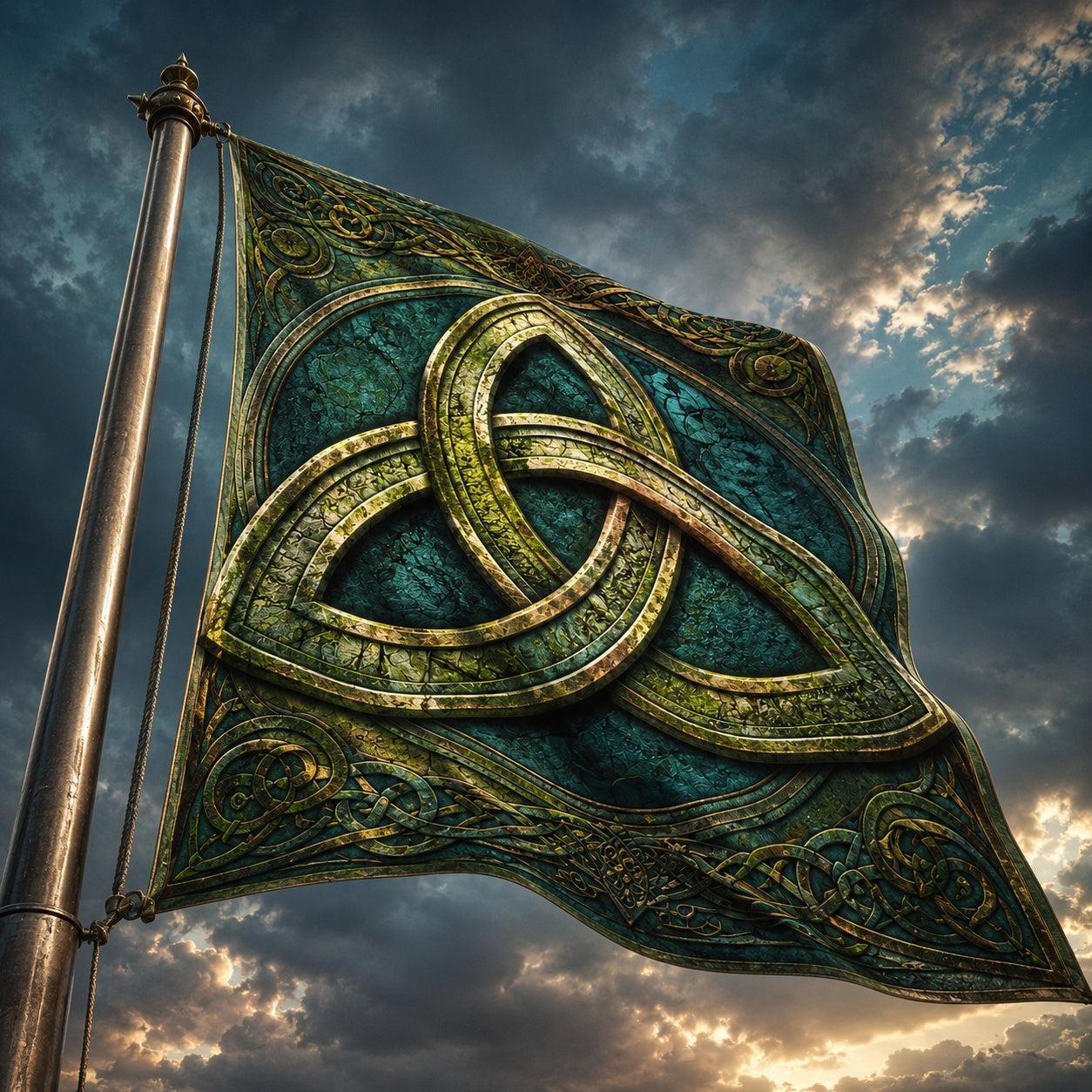 Celtic Triquetra Knot house flag mockup hanging outdoors as pagan decor