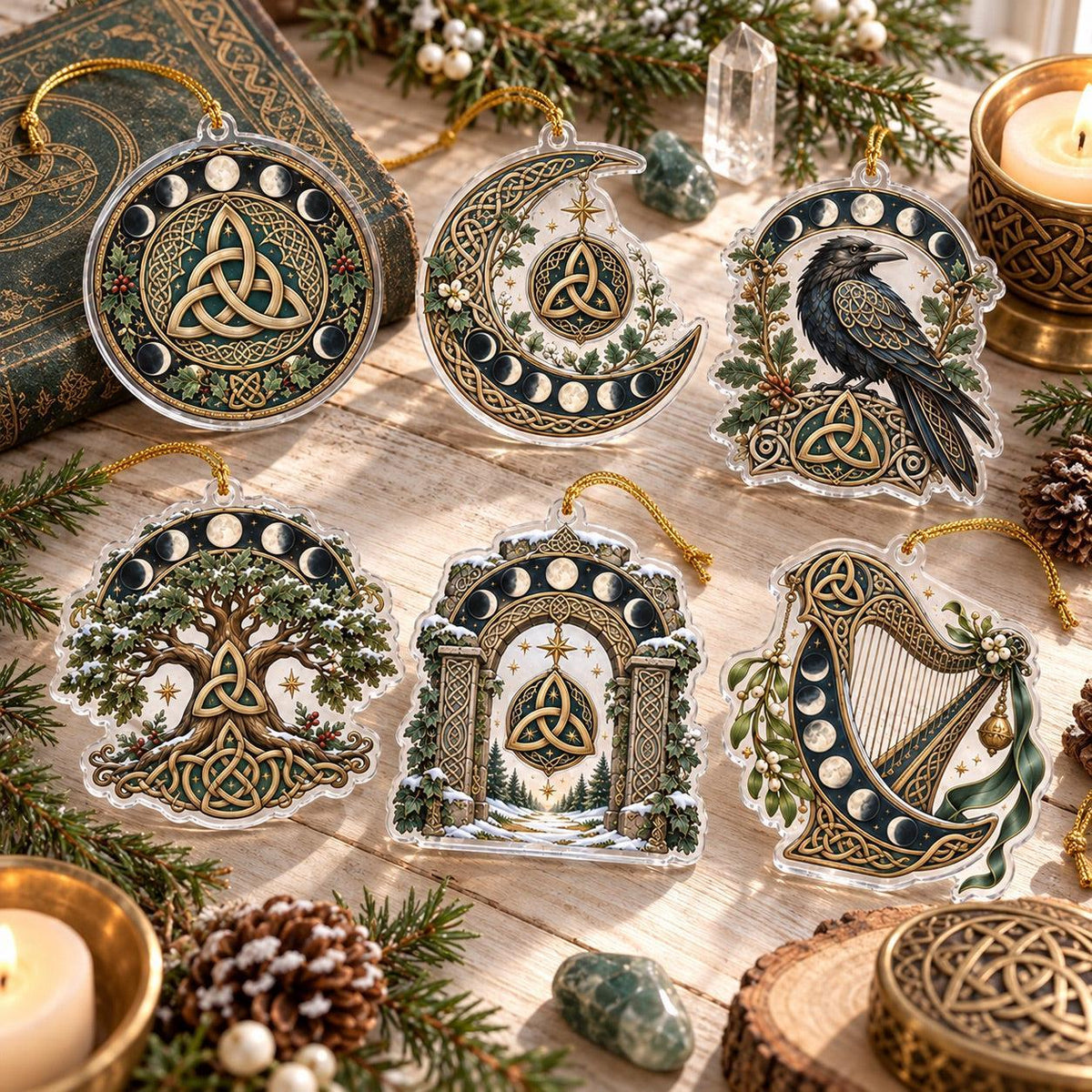 Celtic Triquetra Moon Acrylic Ornament Set – Pagan Yule Christmas Decor – set of 6, another view
