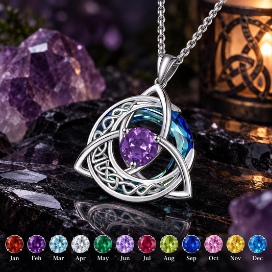 Celtic Triquetra Moon Birthstone Necklace - Wiccan Talisman Jewelry, dark ritual scene, view 5, with birthstone color chart