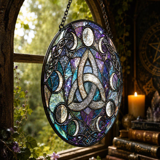 Celtic Triquetra Moon Phase Glass Suncatcher - close up detail