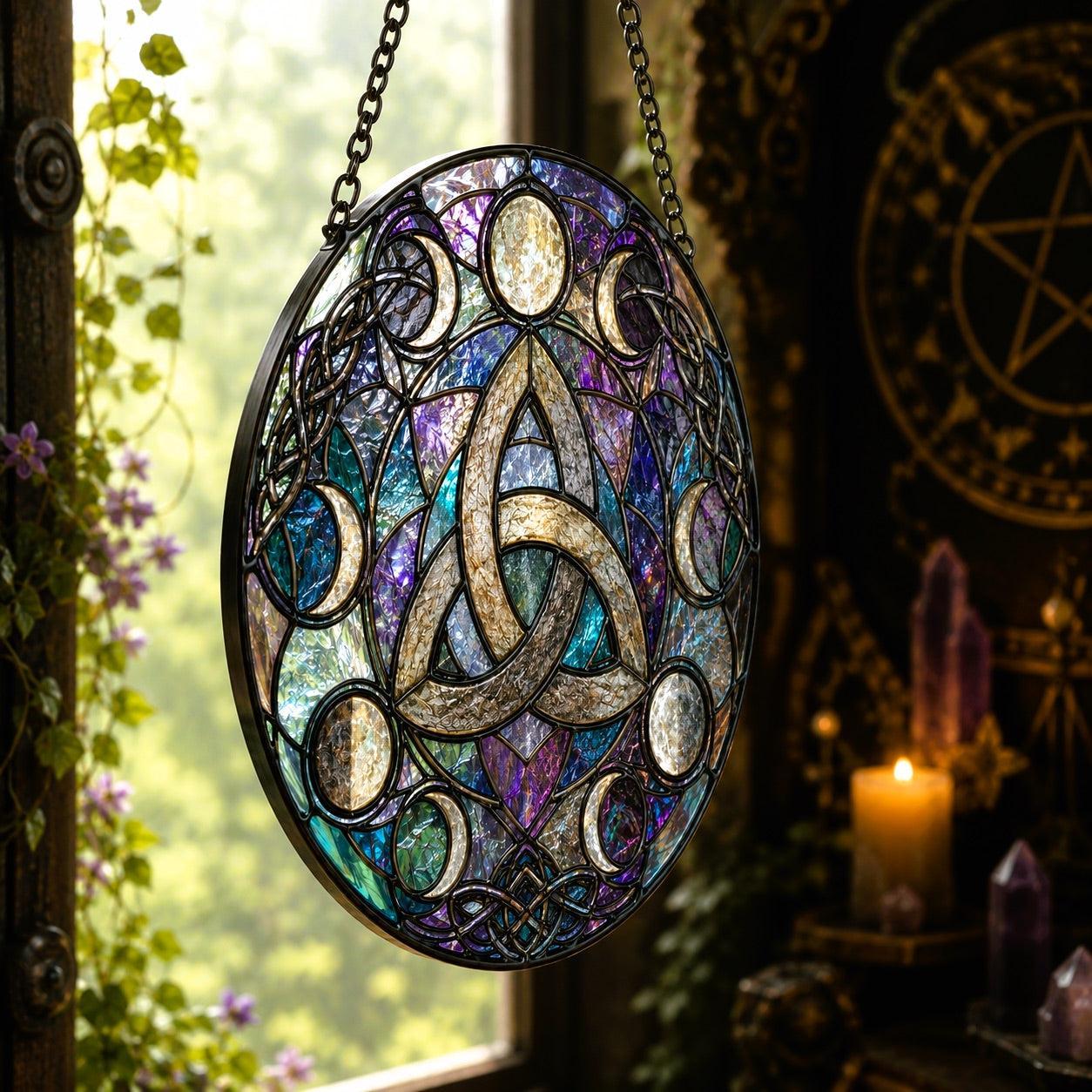 Celtic Triquetra Moon Phase Glass Suncatcher - hanging view