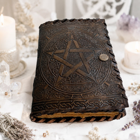 Celtic Wicca Pentagram Leather Journal – Vintage Pagan Grimoire Sketchbook – leather journal, back cover view