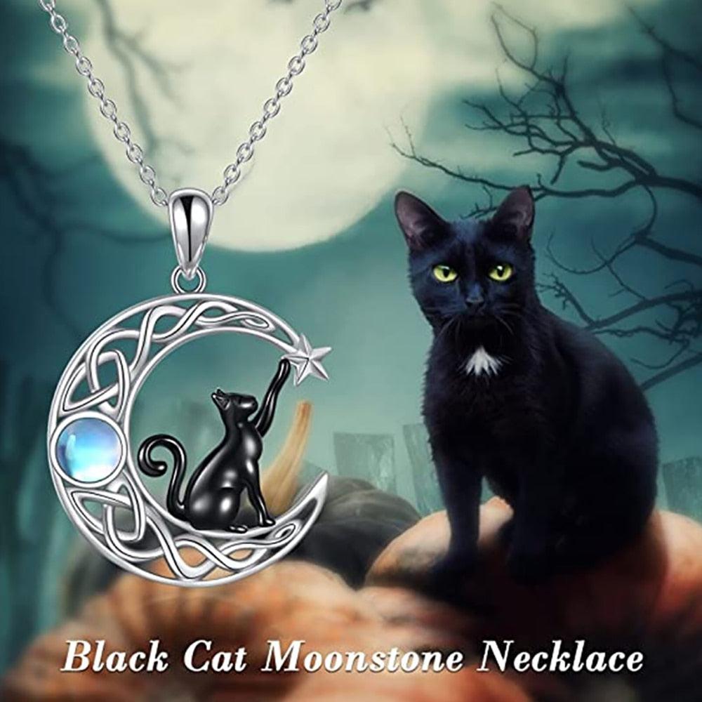 Silver 925 Celtic knot Black Cat Moon Necklace with a blue moonstone, radiating mysterious energy.