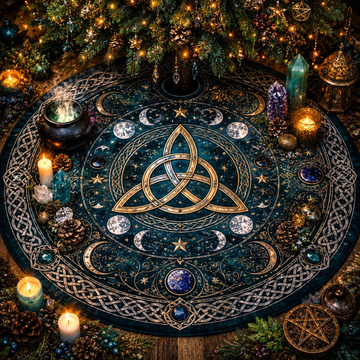 Decorative yule tree skirt with astrological symbols, candles, and crystals under a Christmas tree.