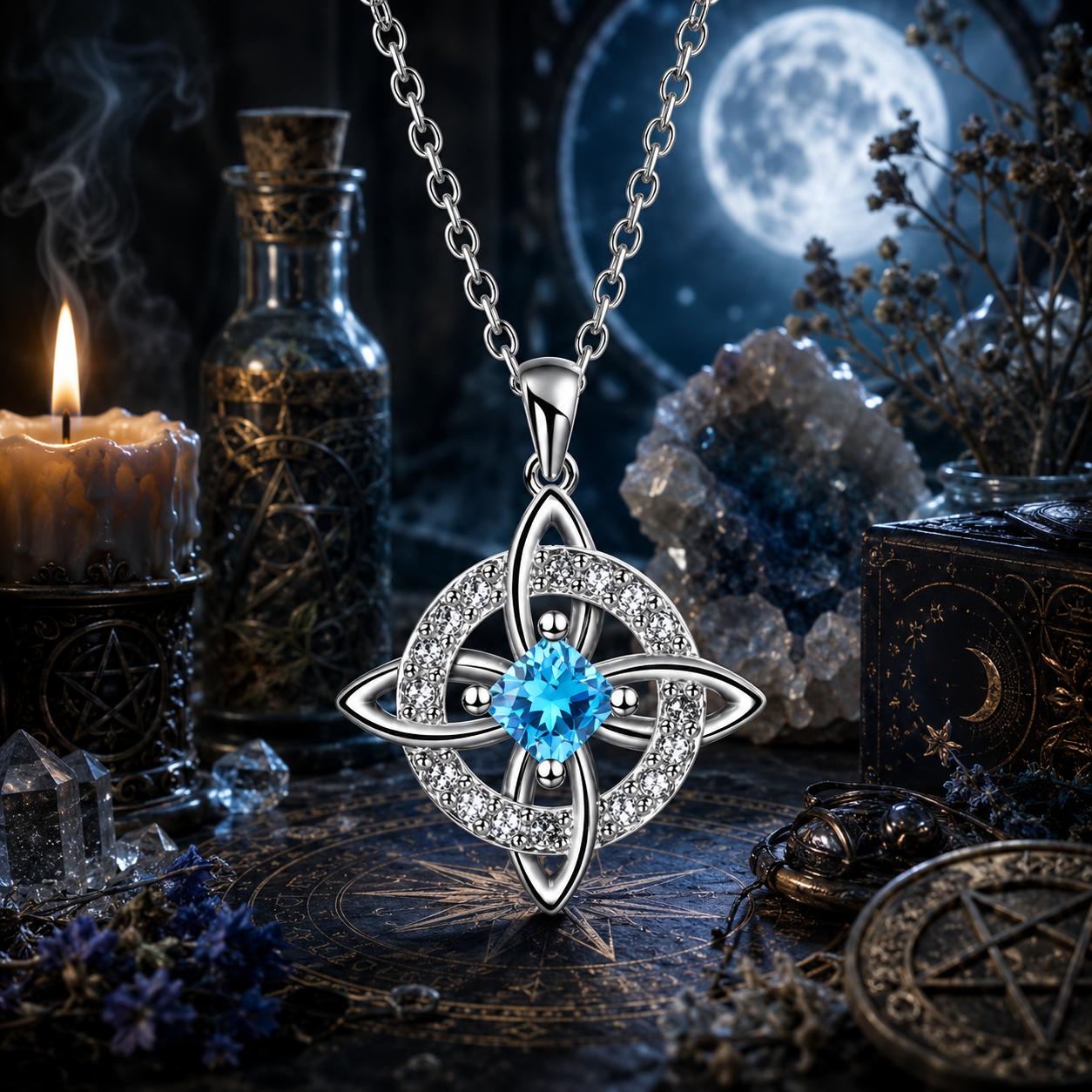 Birthstone Witch Knot Necklace โ 925 Sterling Silver Celtic Protection Amulet for Wiccan & Pagan Practice