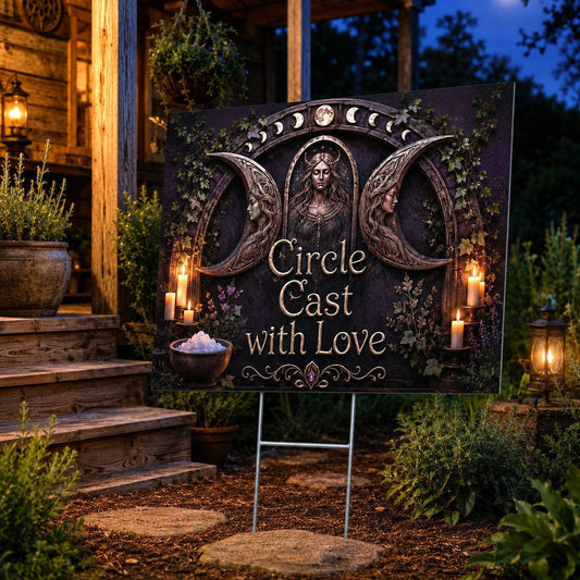 Circle Cast with Love Wicca Yard Sign - porch scene