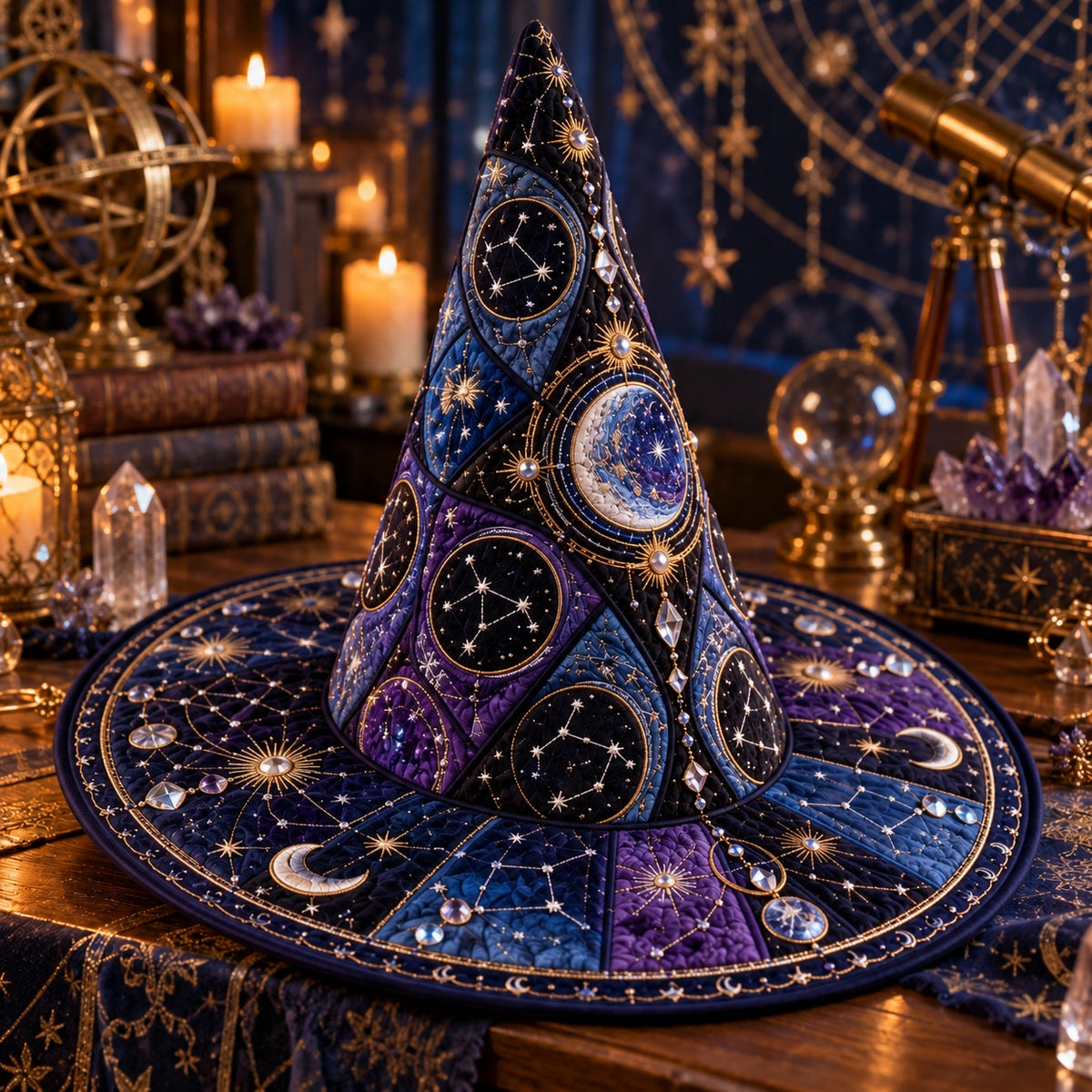 Constellation Quilted Witch Hat – Star Map Celestial Wide Brim Hat – styled with candles and crystals