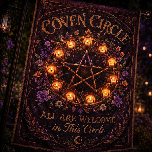 Coven Circle house flag displayed outdoors on a garden flag stand