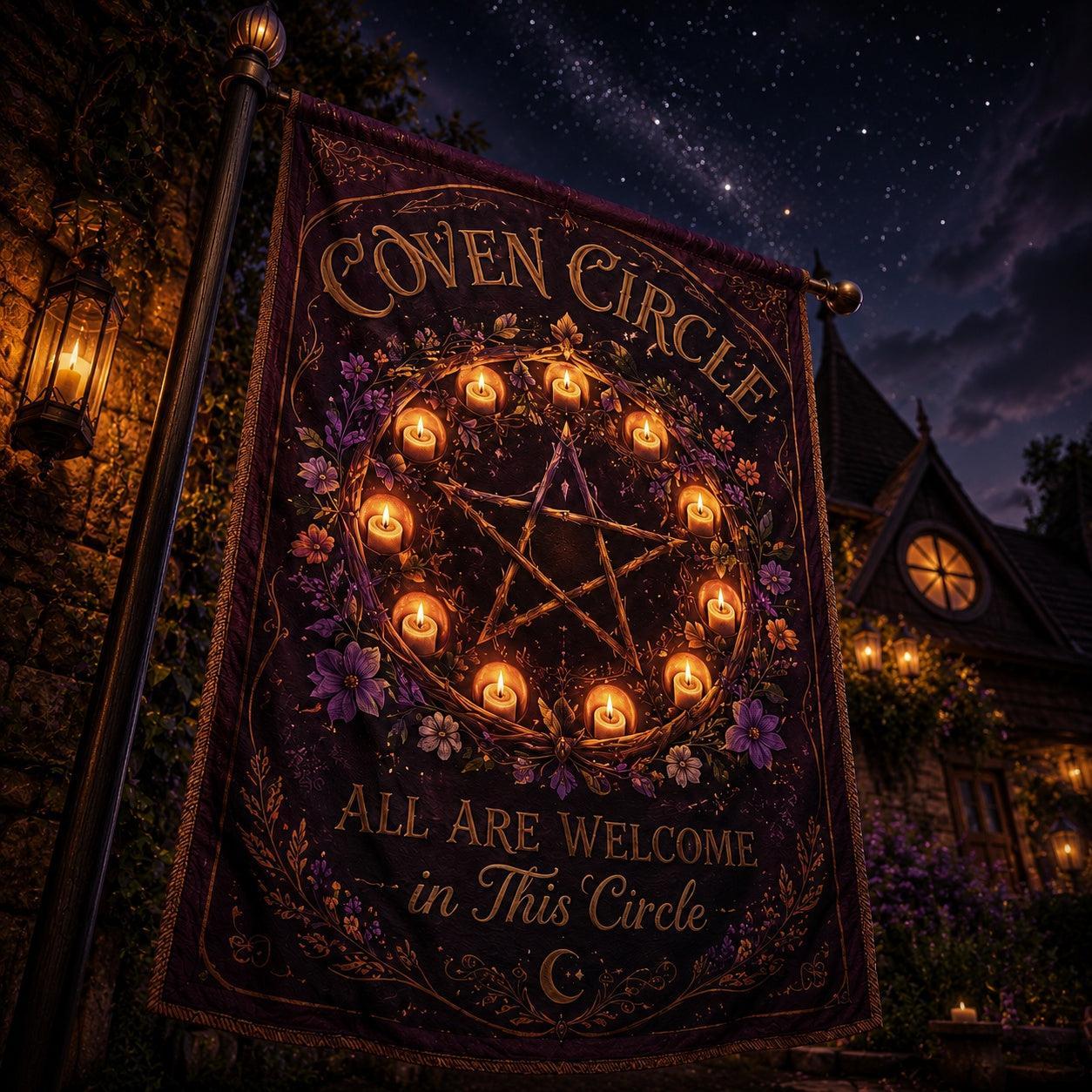 Coven Circle house flag mockup hanging outdoors as inclusive pagan decor