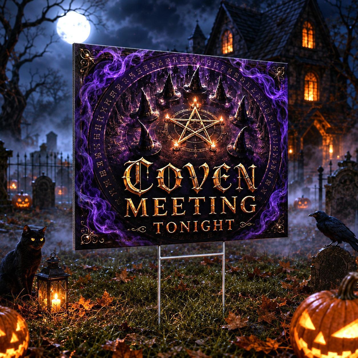 Coven Meeting on Halloween Night Yard Sign - porch scene