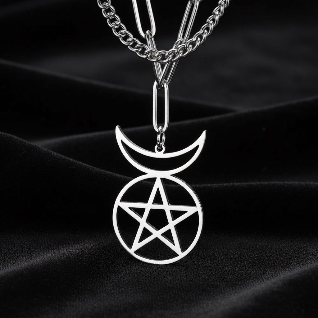 Crescent Moon Pentacle Necklace Wiccan Jewelry-MoonChildWorld