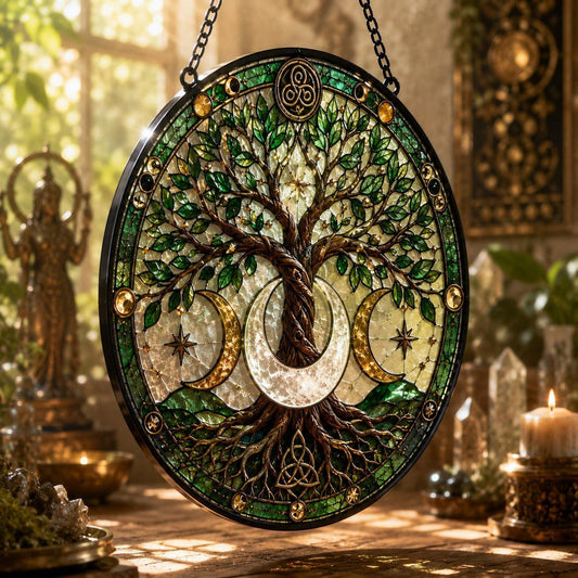 Crescent Moon Tree of Life Glass Suncatcher - hanging view