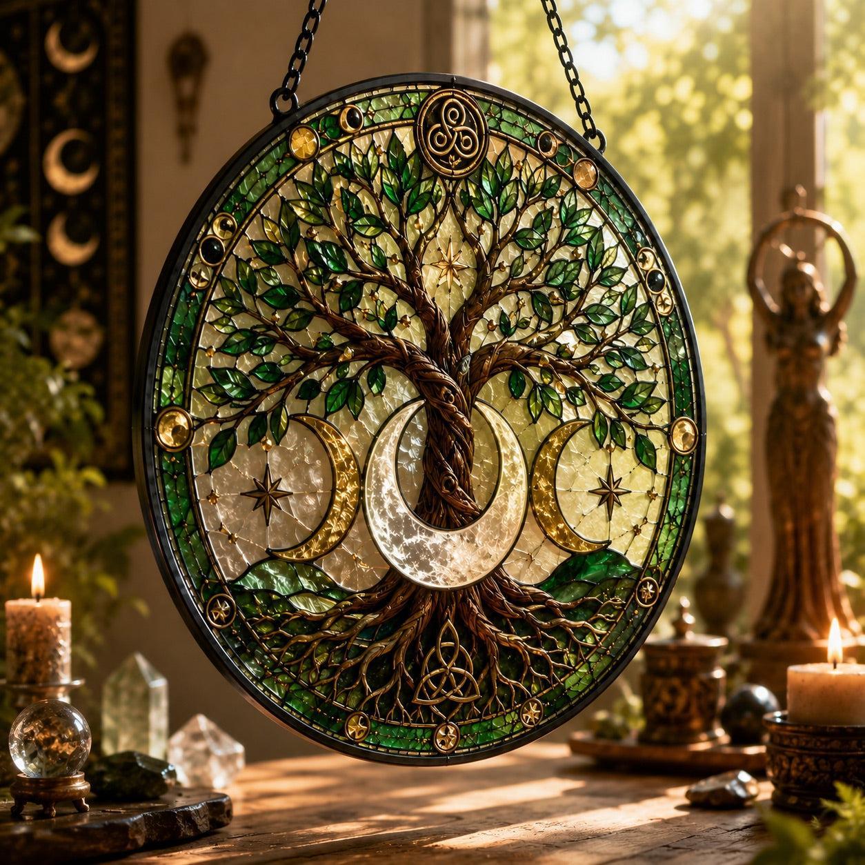 Crescent Moon Tree of Life Glass Suncatcher - close up detail