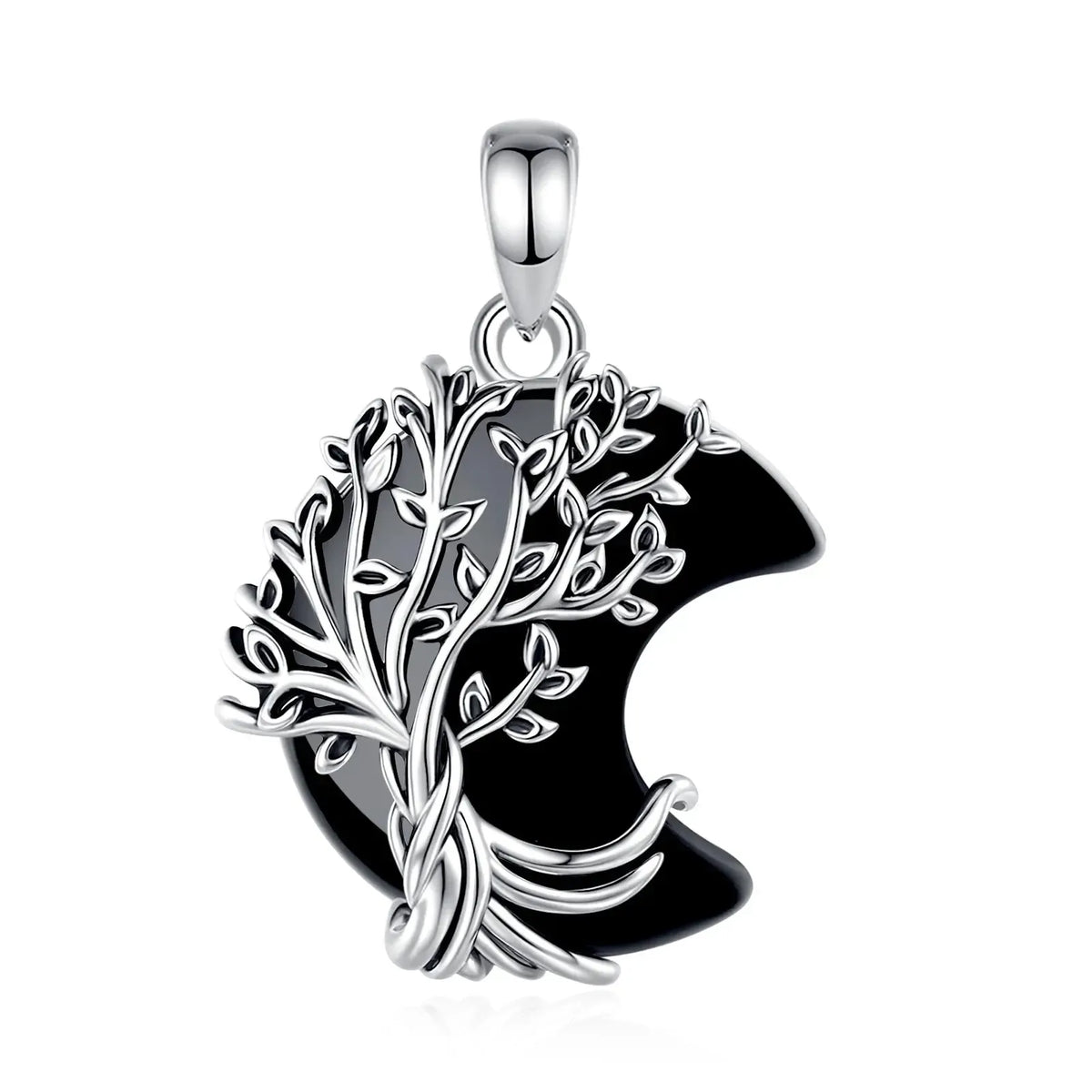 Dark stone pendant without chain: Crescent Moon Tree of Life Necklace, featuring a branching tree of life over a crescent-shaped stone.