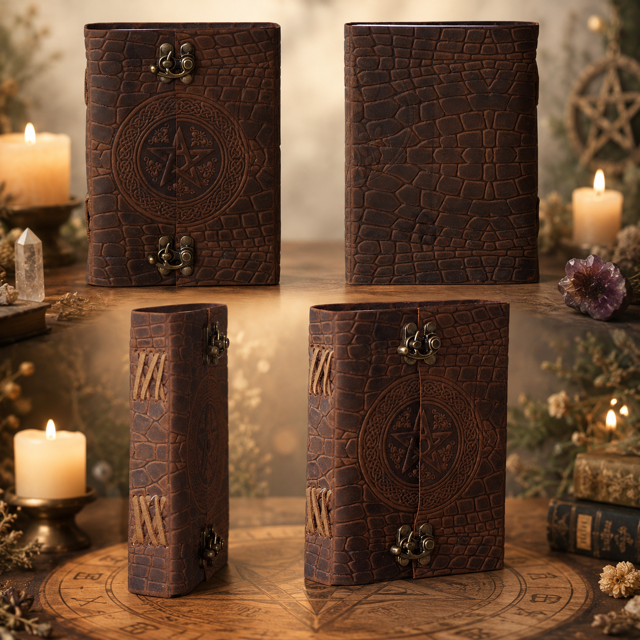 Crocodile texture pentagram leather journal – handmade witch grimoire notebook, textured cover, view 4