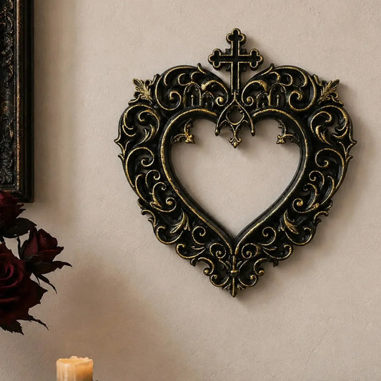 Cross heart carved photo frame – baroque gothic mirror frame, front view