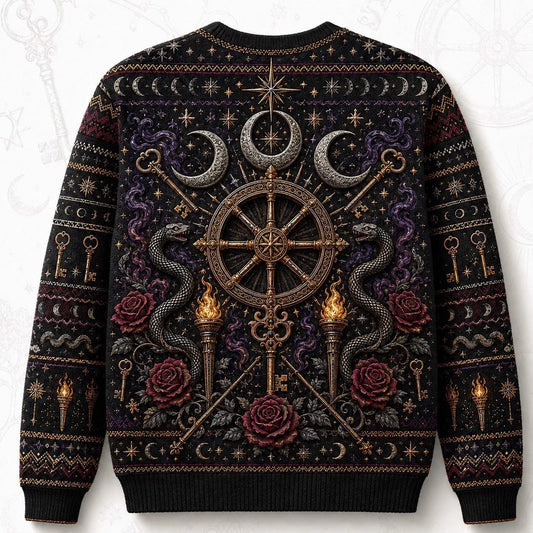 Witch Wheel Sweater Crossed Key Torch Rose Crossroads Knit back view