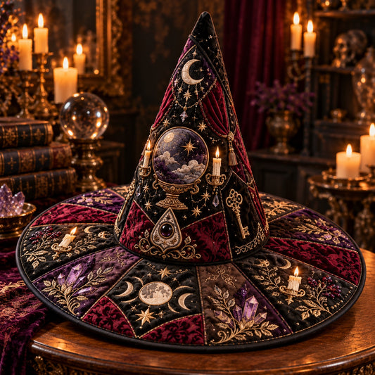 Crystal Ball Quilted Witch Hat โ Seance Divination Wide Brim Hat โ held in both hands