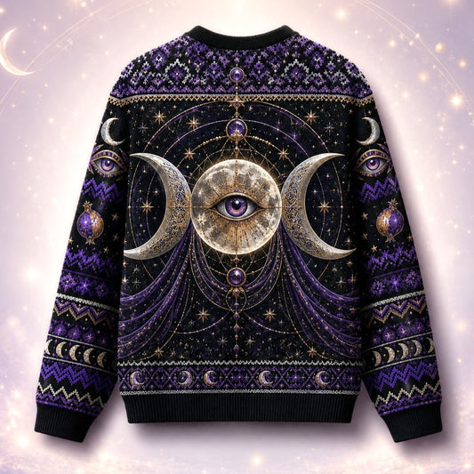 A long-sleeve crewneck sweater featuring a detailed celestial print with a central triquetra moon and all-seeing eye motif, set against a dark background with purple and gold accents.