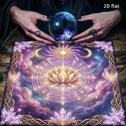 Lotus tarot mat – crystal and moon phase print detail close-up