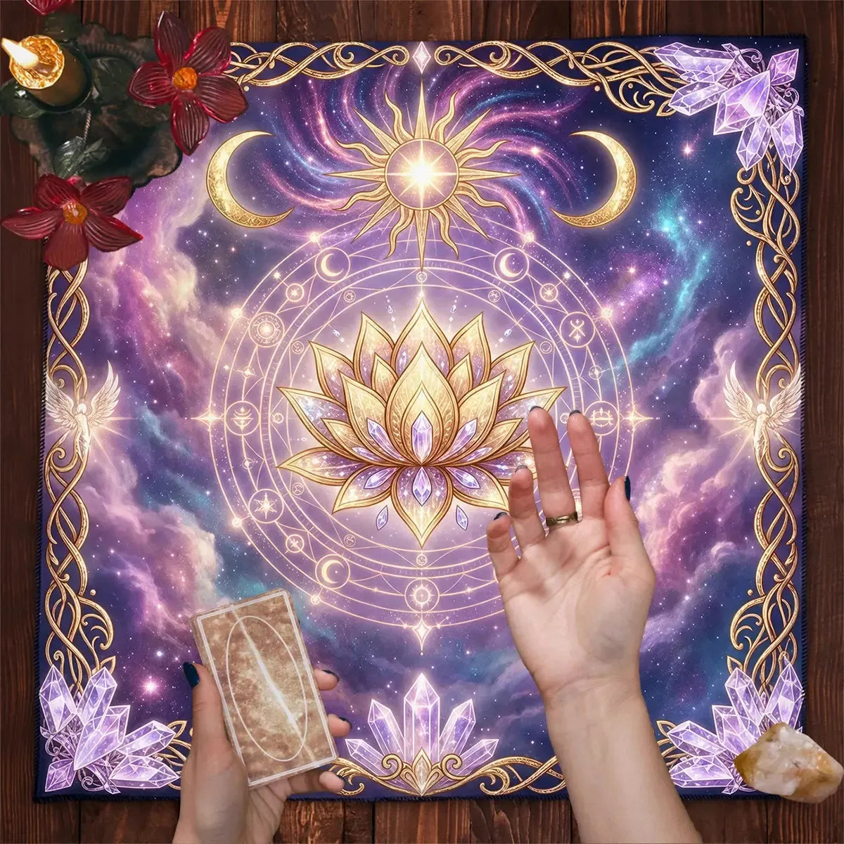 Crystal lotus tarot cloth – square oracle card pad size reference