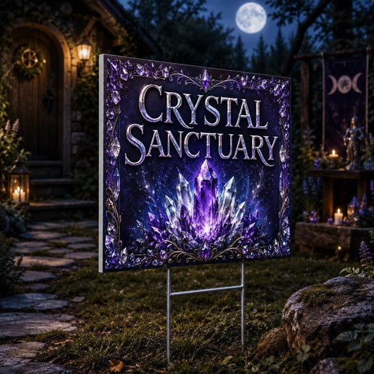 Crystal Sanctuary Amethyst Crystal Glow Wicca Yard Sign - close up detail