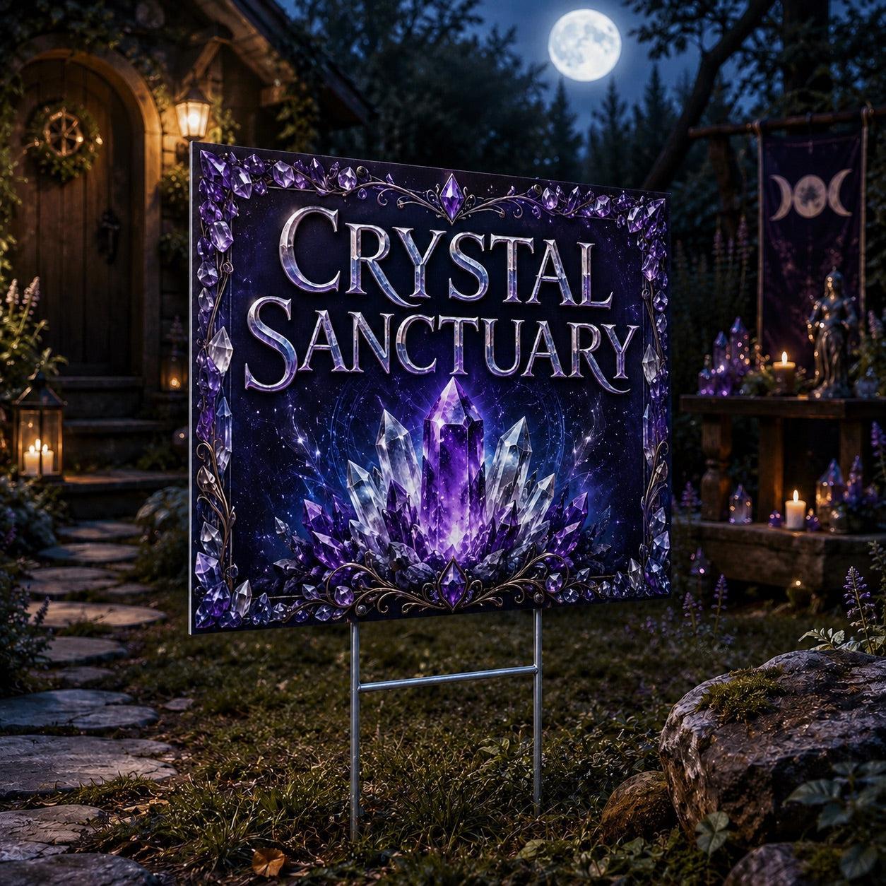 Crystal Sanctuary Amethyst Crystal Glow Wicca Yard Sign - garden display
